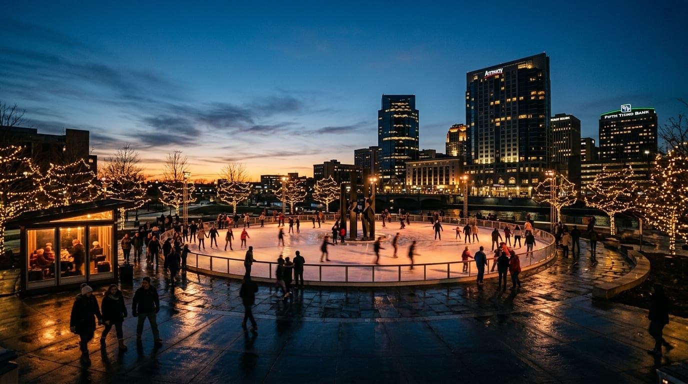 A wide 35mm documentary shot of Rosa Parks Circle at dusk, with the ice rink’s glow reflecting off wet pavement, the illum...