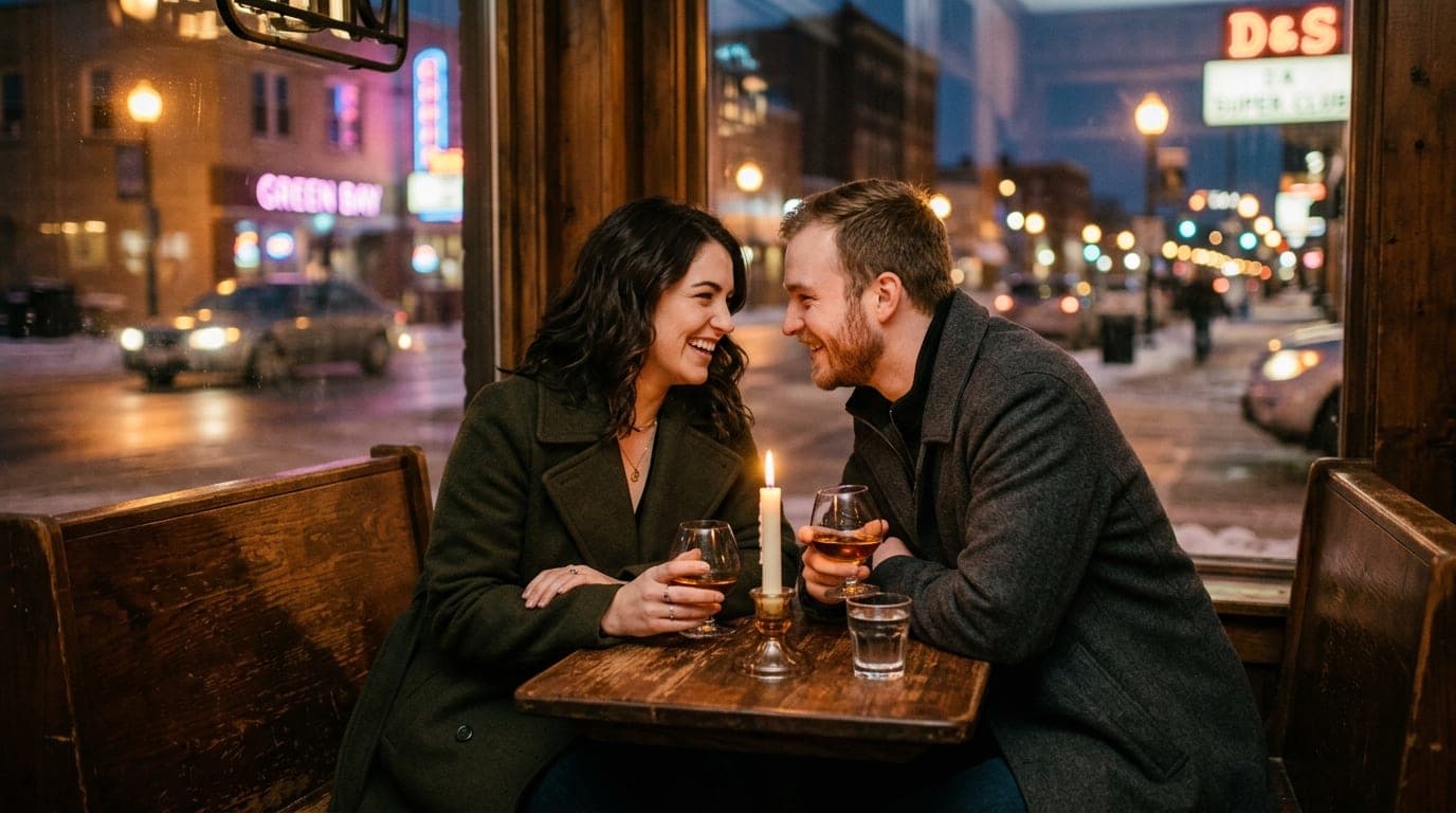 A couple in winter coats shares a booth at a dim, wood-paneled supper club. A flickering candle illuminates two glasses of...