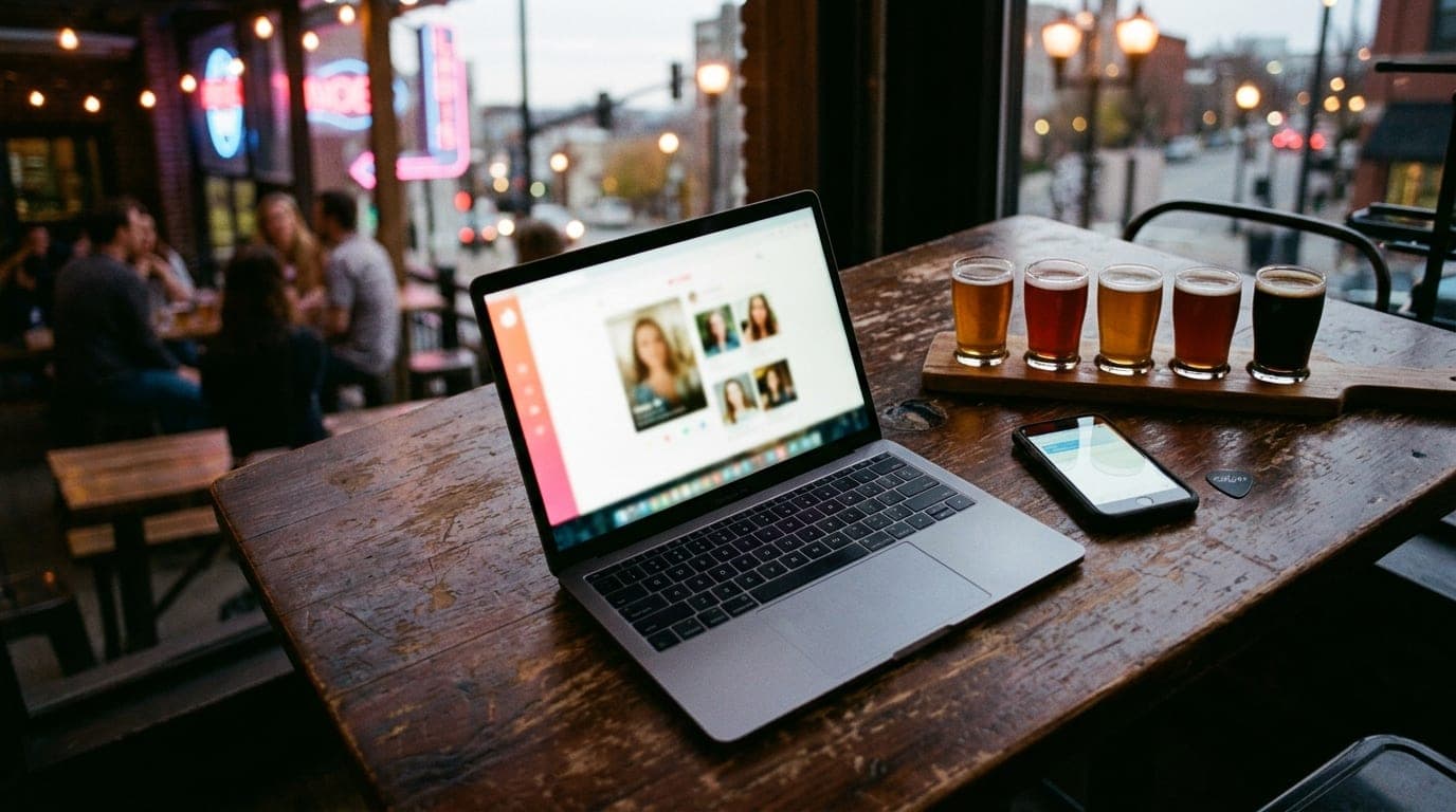 35mm documentary shot. An overhead flat-lay of a wooden brewery table featuring a craft beer flight, a laptop displaying a...