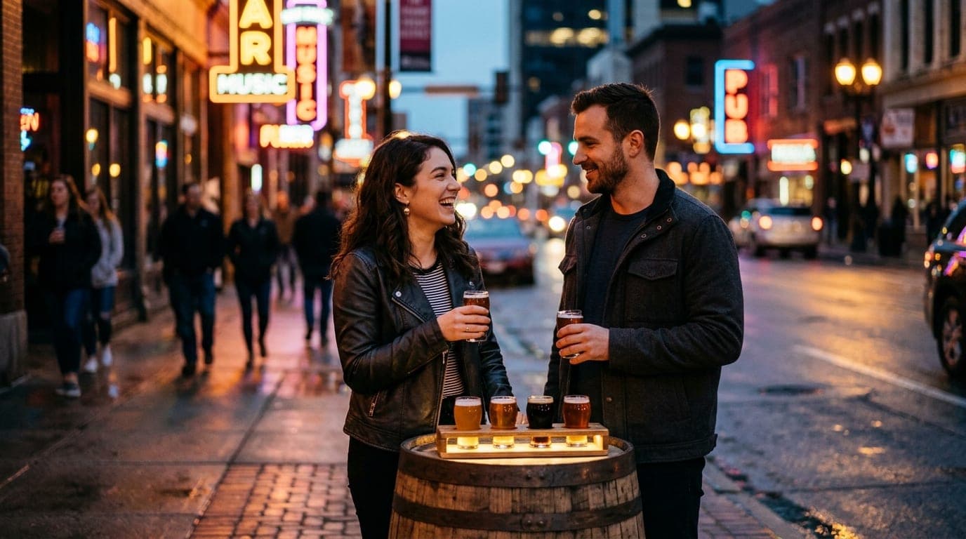 An 85mm portrait shot, shallow depth of field. A couple stands on the Broadway District sidewalk in warm tungsten light, a...