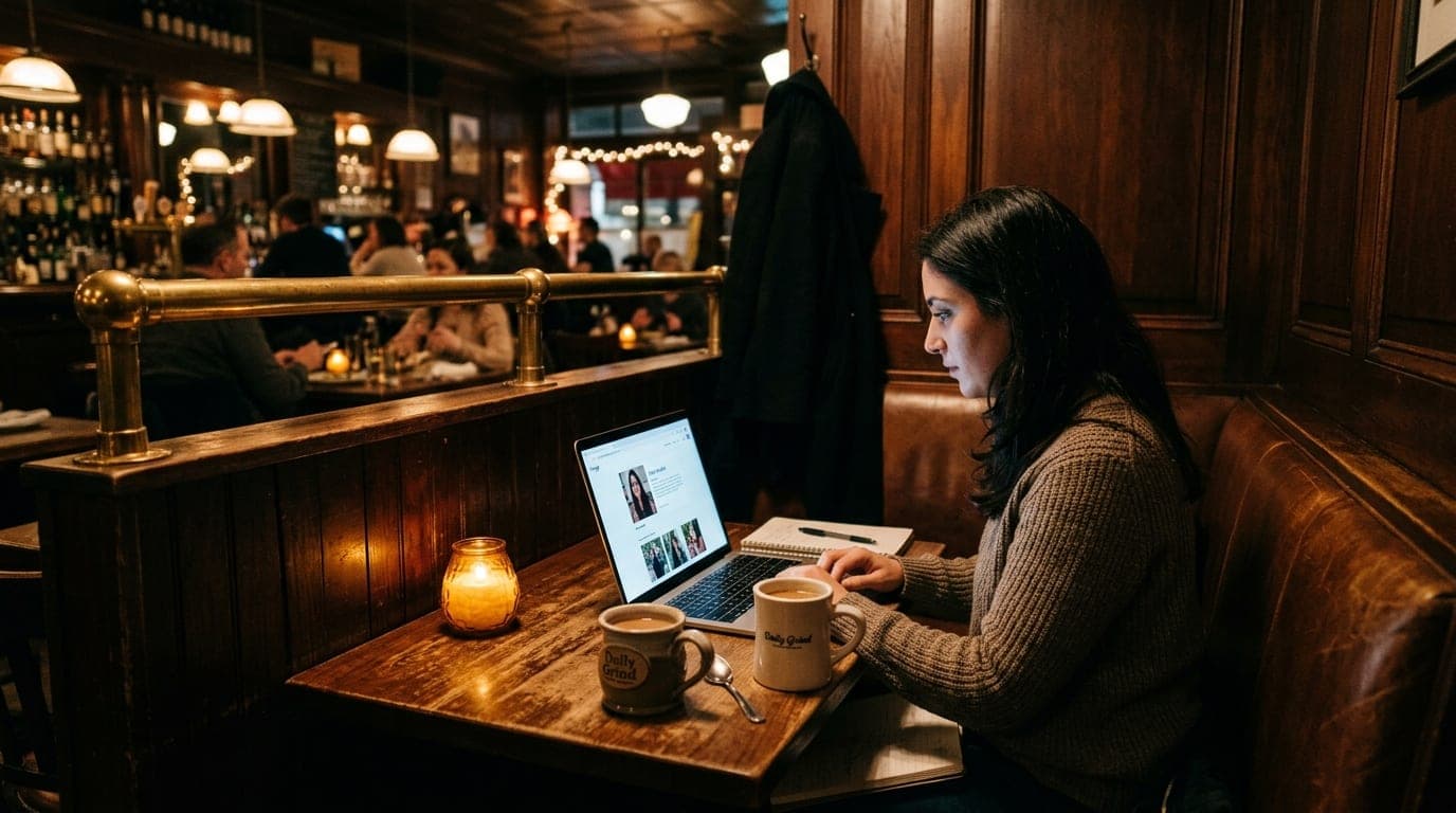 A wide 35mm shot of a dimly lit mahogany booth at a downtown bistro. An open laptop showing a Hinge profile sits near two...