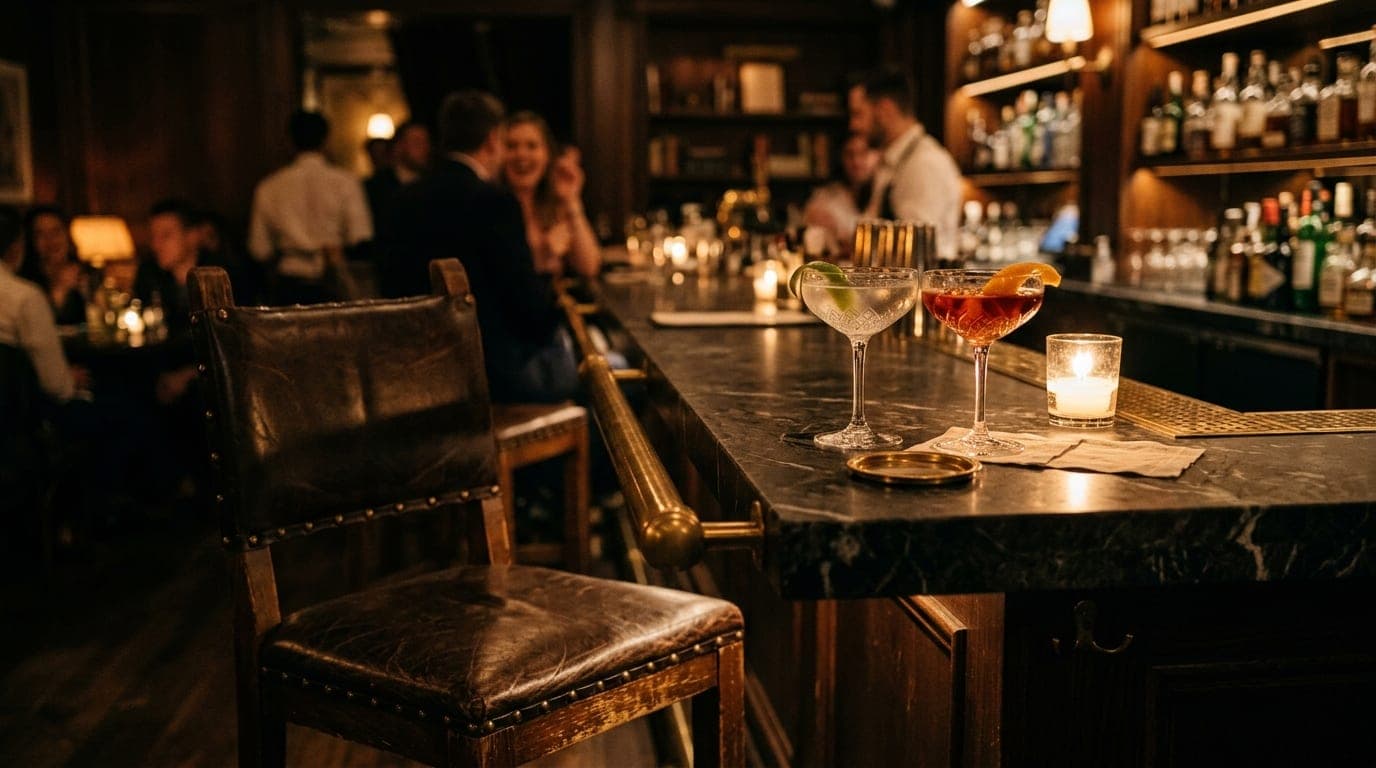 A medium shot of a leather barstool at a dim speakeasy. Two ornate crystal glasses holding gin cocktails sit on the dark m...