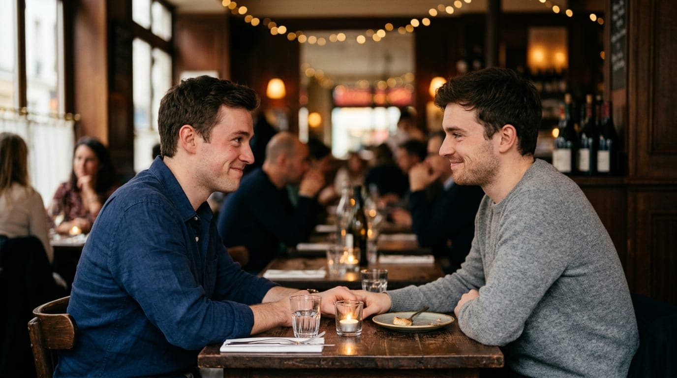 A man in a navy linen shirt and a man in a grey sweater sit at a small bistro table, hands shyly apart, looking at each ot...