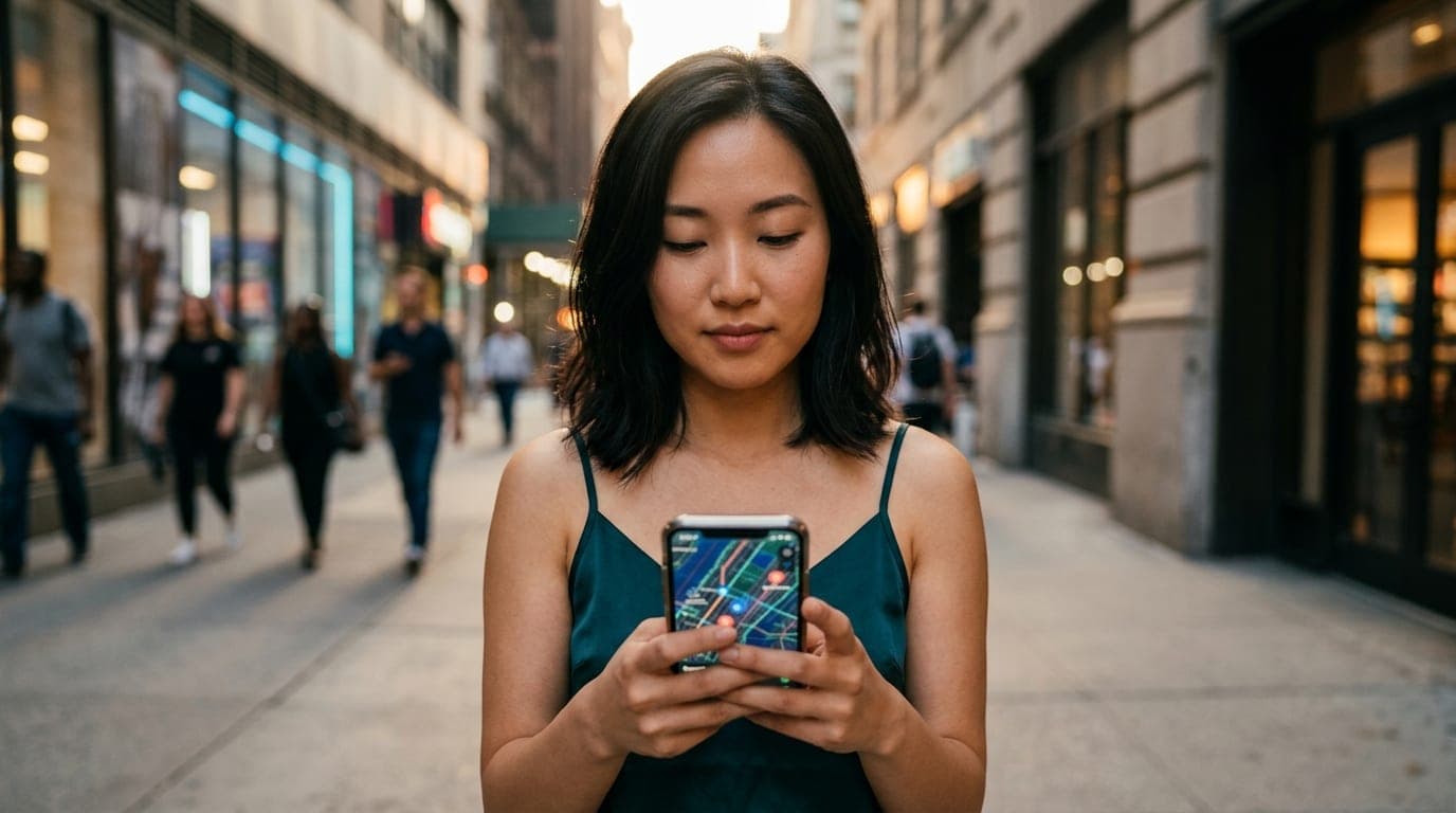A woman in a silk camisole stands on a city sidewalk during golden hour, holding her phone displaying a vibrant, grid-base...
