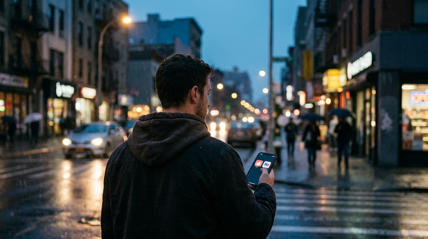 A man in a dark hoodie stands on a rain-slicked city corner at blue hour. Over his shoulder, his phone screen clearly disp...