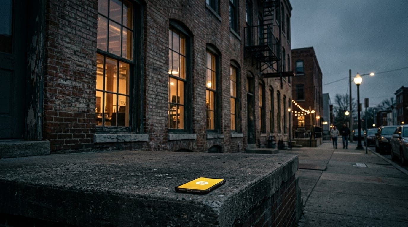 A wide shot of a dimly lit sidewalk outside a Parkville brick warehouse. A lone smartphone rests on a rough concrete stoop...