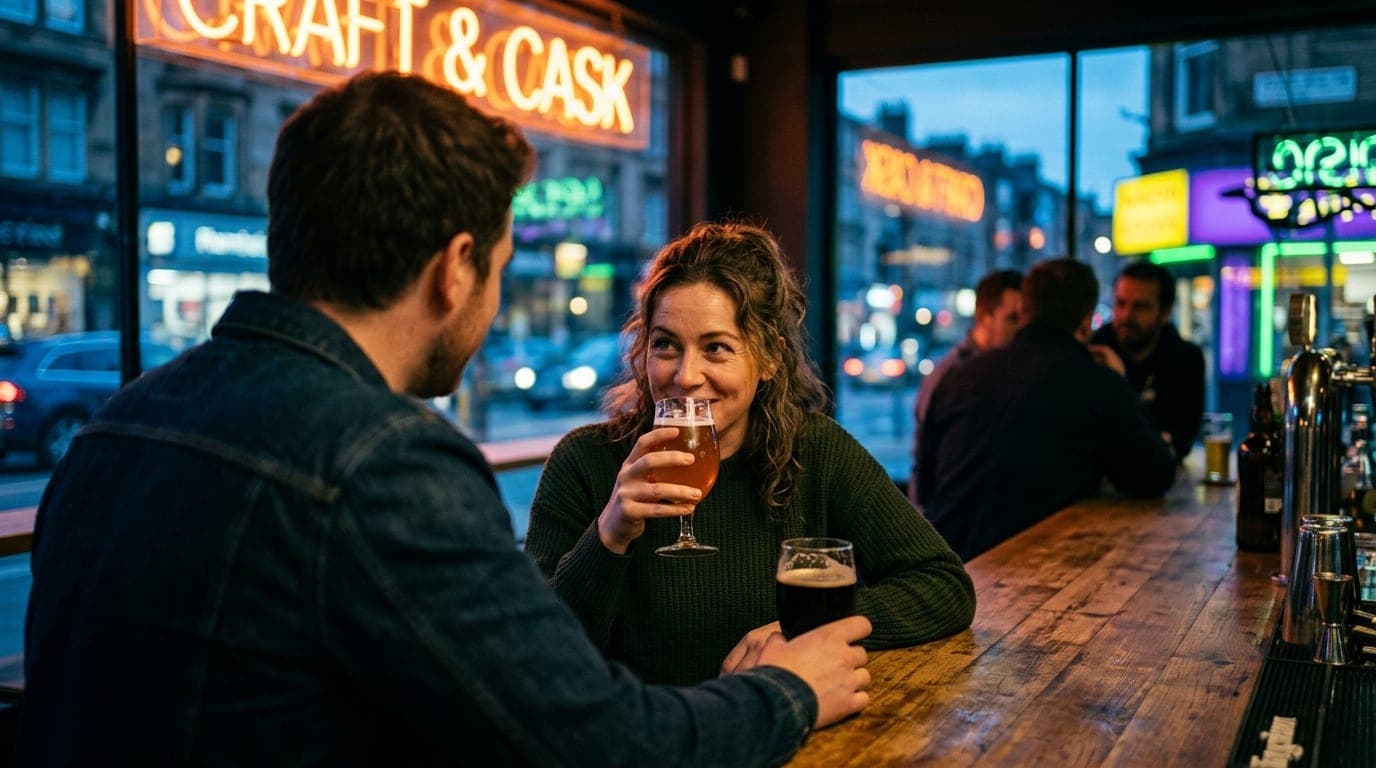 An 85mm over-the-shoulder shot captures a couple sharing a craft beer at a dimly lit wooden bar in The Spigot, blurred Wes...