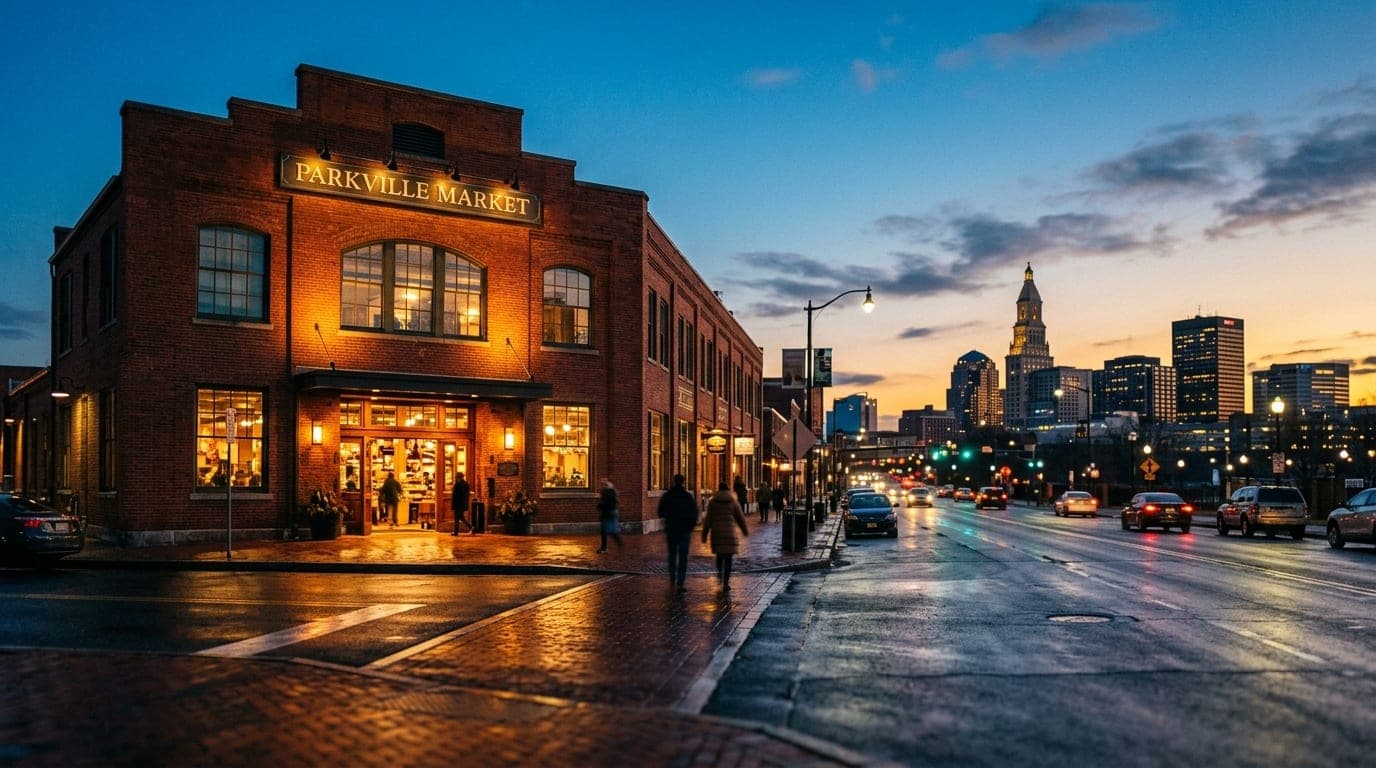 A wide shot captures the illuminated brick facade of the Parkville Market at dusk. The warm tungsten glow spills from the...