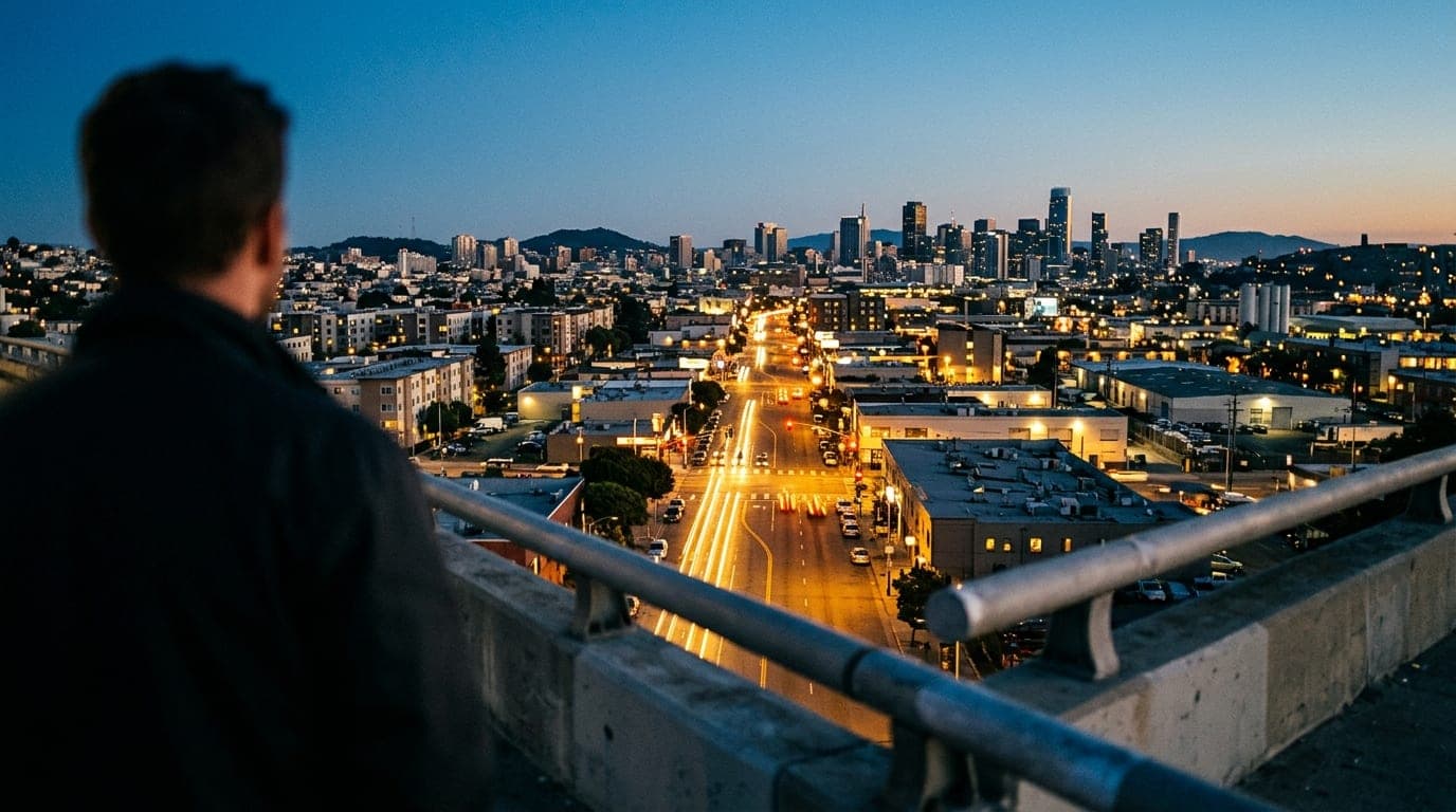 Over-the-shoulder perspective from a highway overpass at blue hour. Selective focus highlights the glowing B Street corrid...