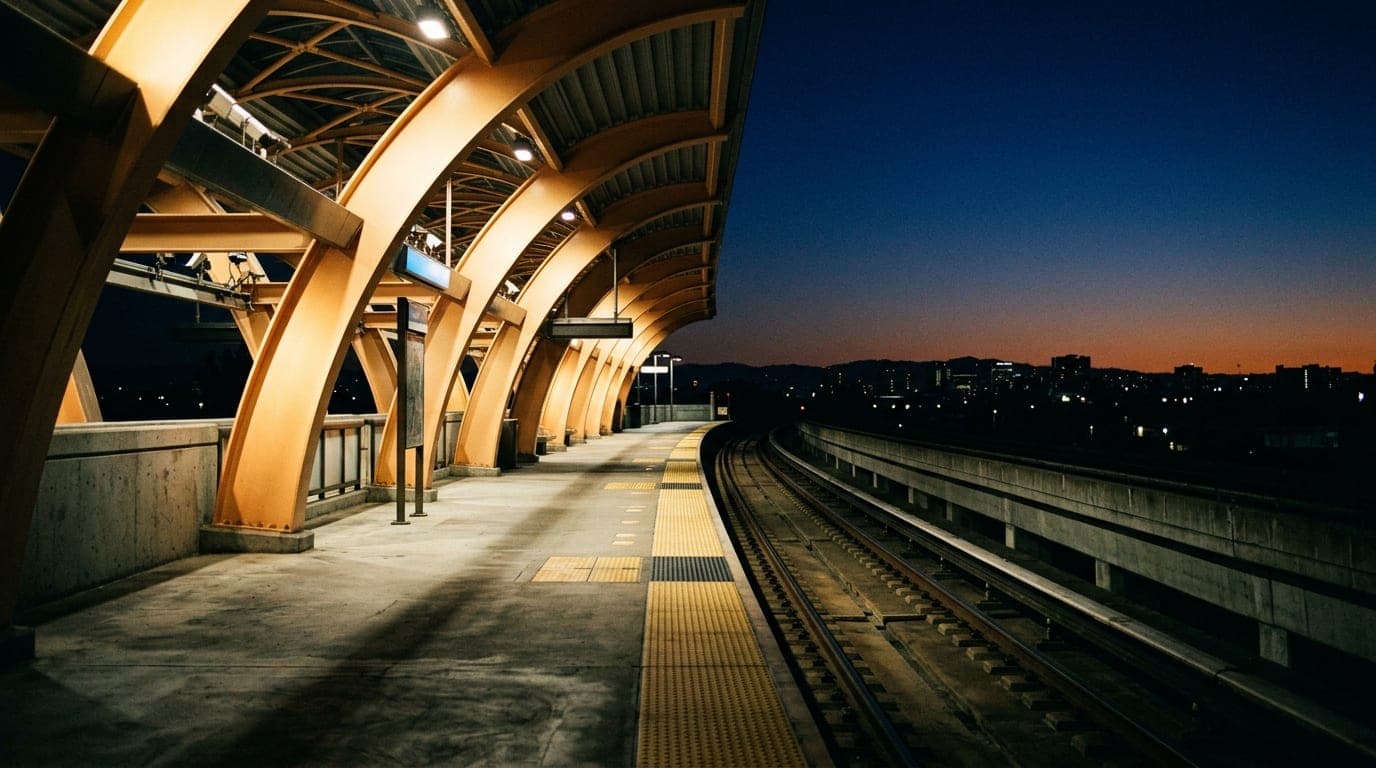 Low-angle hero shot of the Hayward BART station platform at midnight. The glowing, arched structural beams dominate the le...