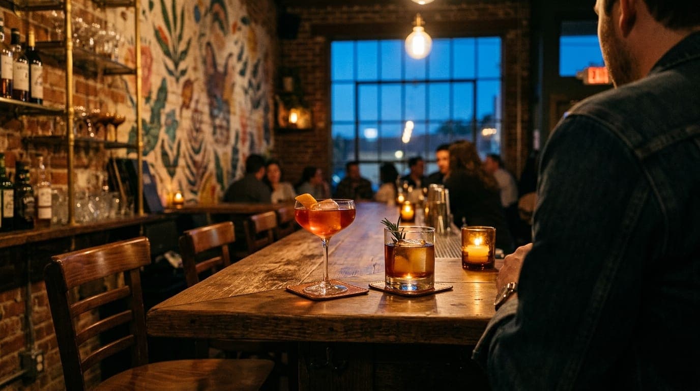 An over-the-shoulder view from a high-top bar stool in a dimly lit Hayward tavern at blue hour. Two craft cocktails sit ce...
