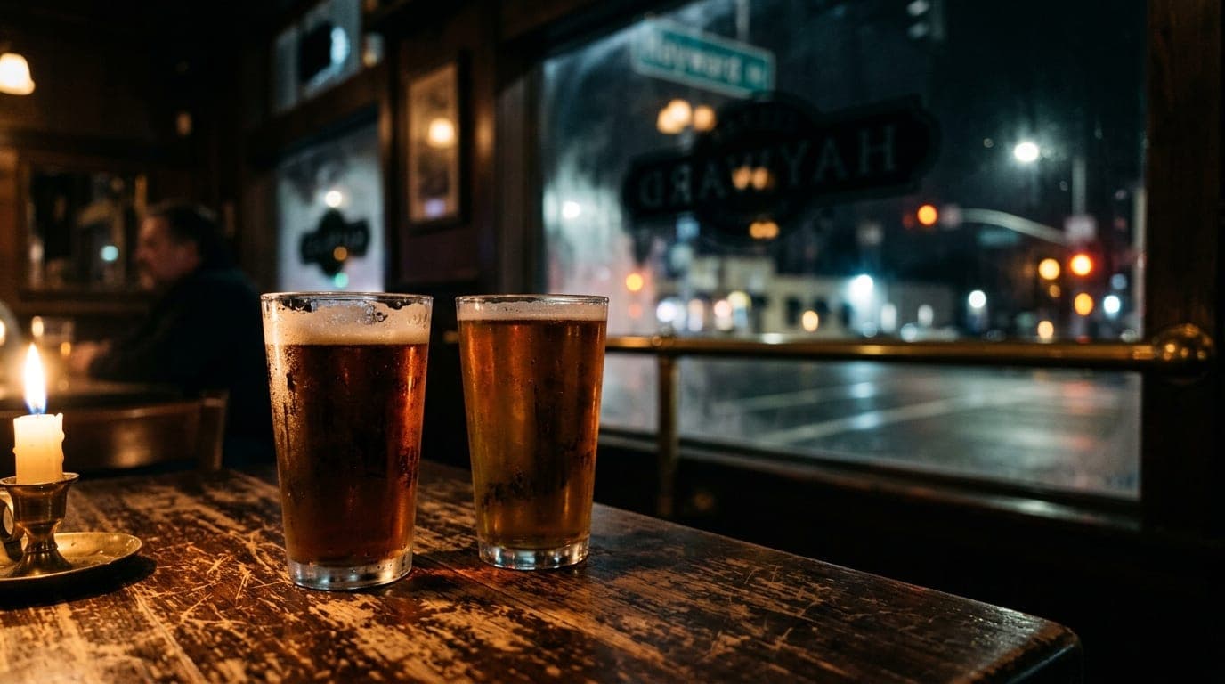 A low-angle shot focuses on two chilled pint glasses on a scratched wooden table at Buffalo Bill’s Brewery, with a blurred...