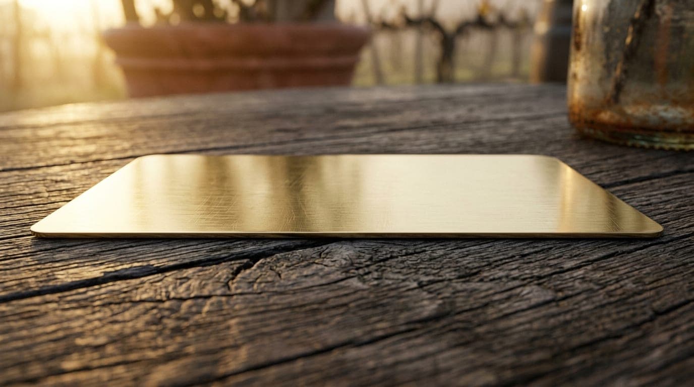 A tight, 100mm macro shot of a sleek gold Majestic membership card resting on a weathered wooden bistro table at a Henders...