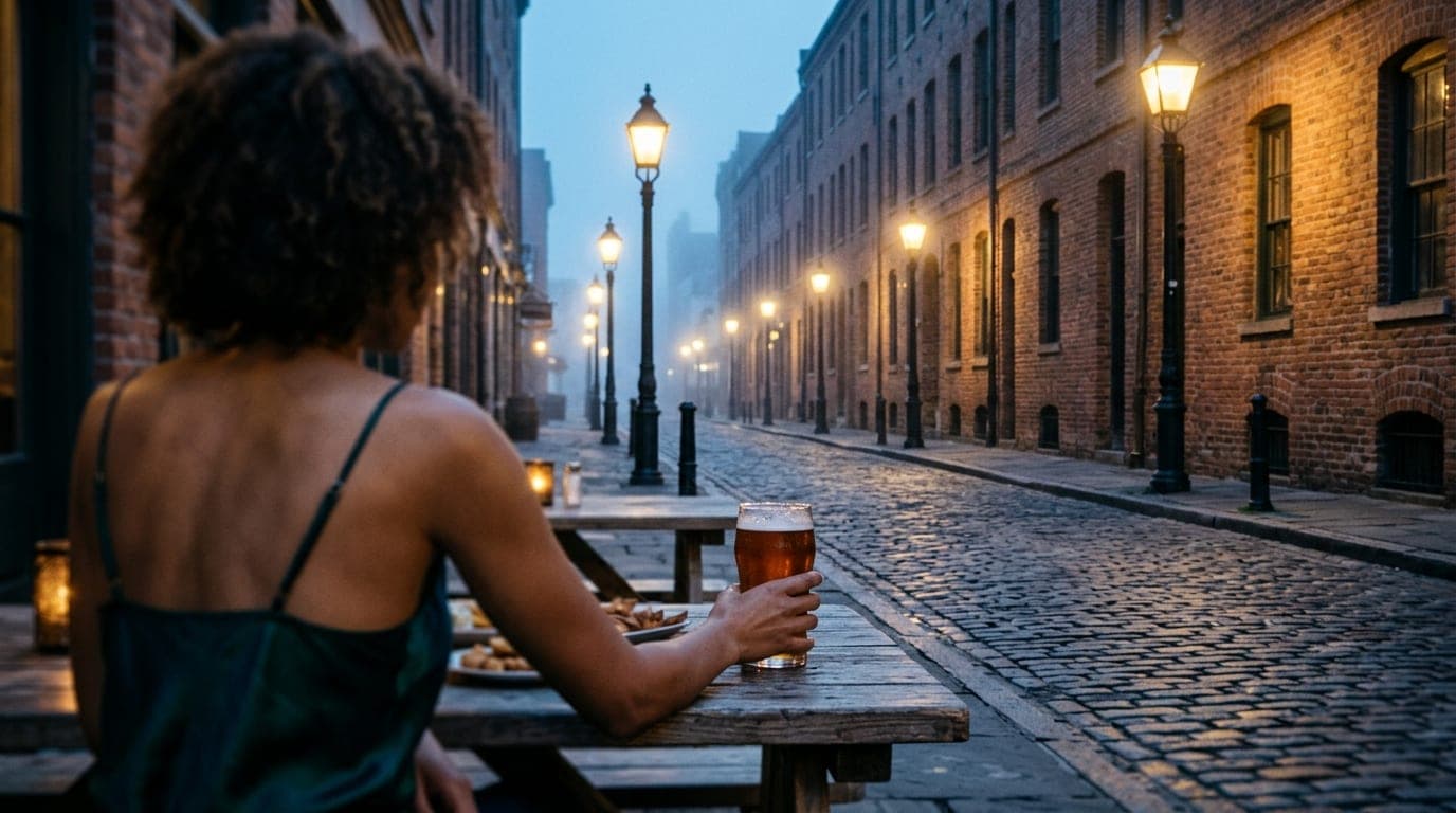 Over-the-shoulder perspective at a Water Street sidewalk table during blue hour. A woman in a silk camisole reaches for a...