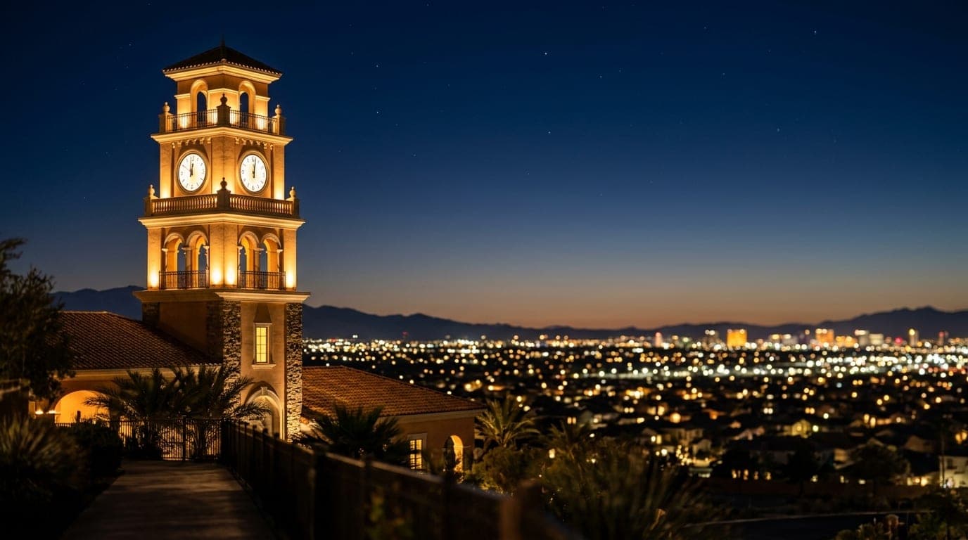 A low-angle, 85mm portrait shot of the illuminated Green Valley Ranch clock tower at midnight. The structure sits in the l...