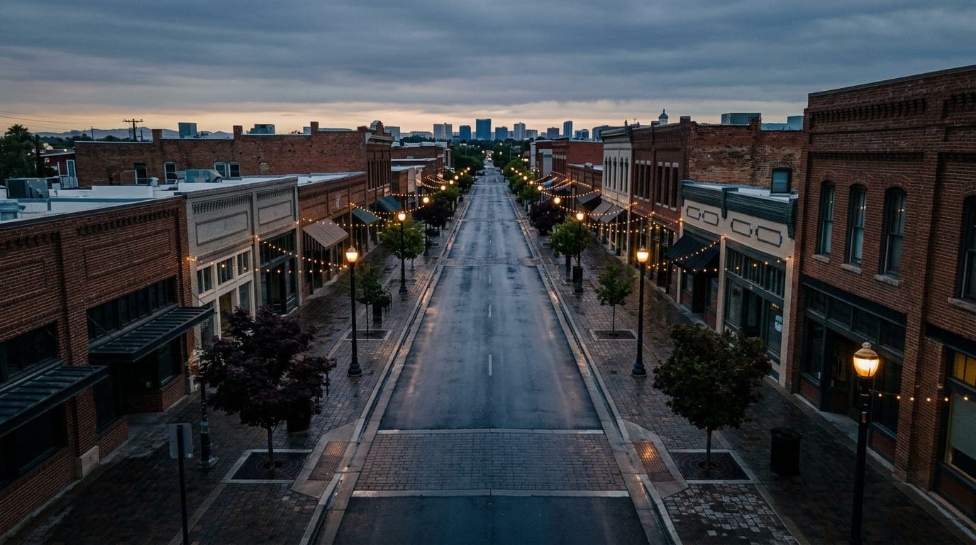 A symmetric 24mm overhead flat-lay shot of the Water Street District in Old Henderson at dawn, capturing the charming, emp...