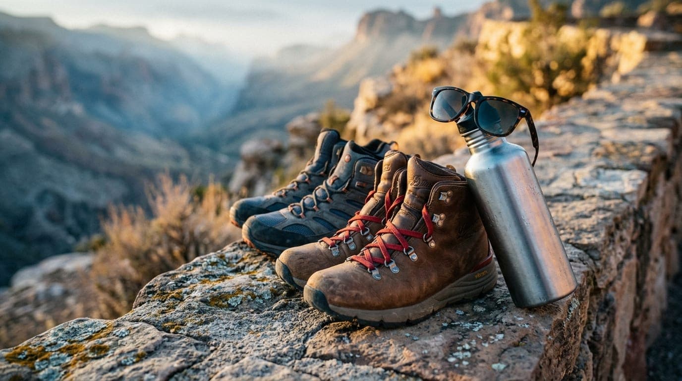 Golden hour light hits two pairs of premium hiking boots resting on a stone wall overlooking Sloan Canyon, a pair of expen...