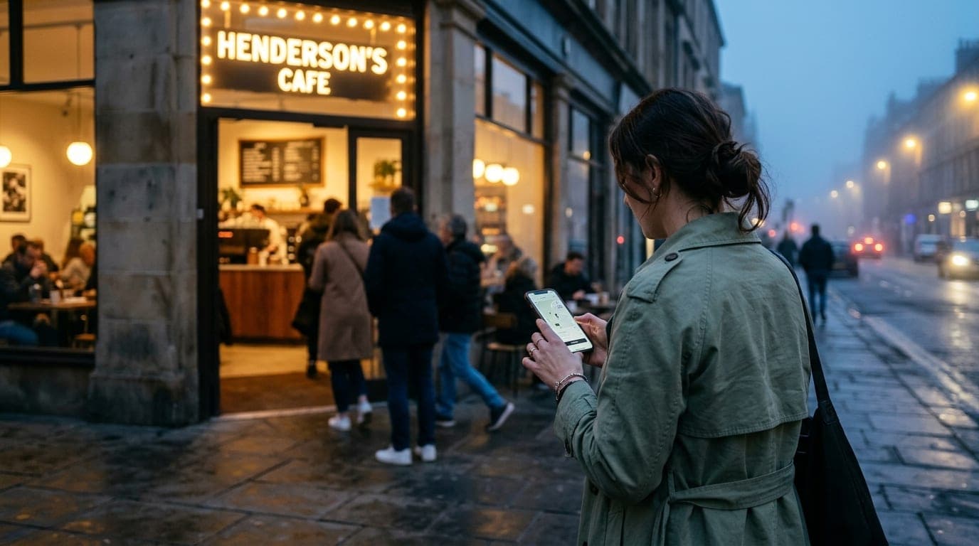 Over-the-shoulder view of a woman in a sage trench coat checking a rideshare app on her phone while standing near a bright...