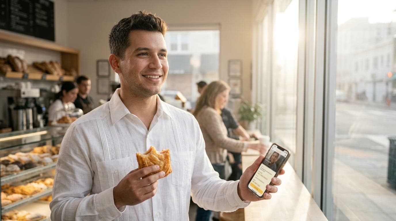 A man in a crisp white guayabera shirt smiles while holding a pastelito, standing near a sun-drenched window of a bustling...