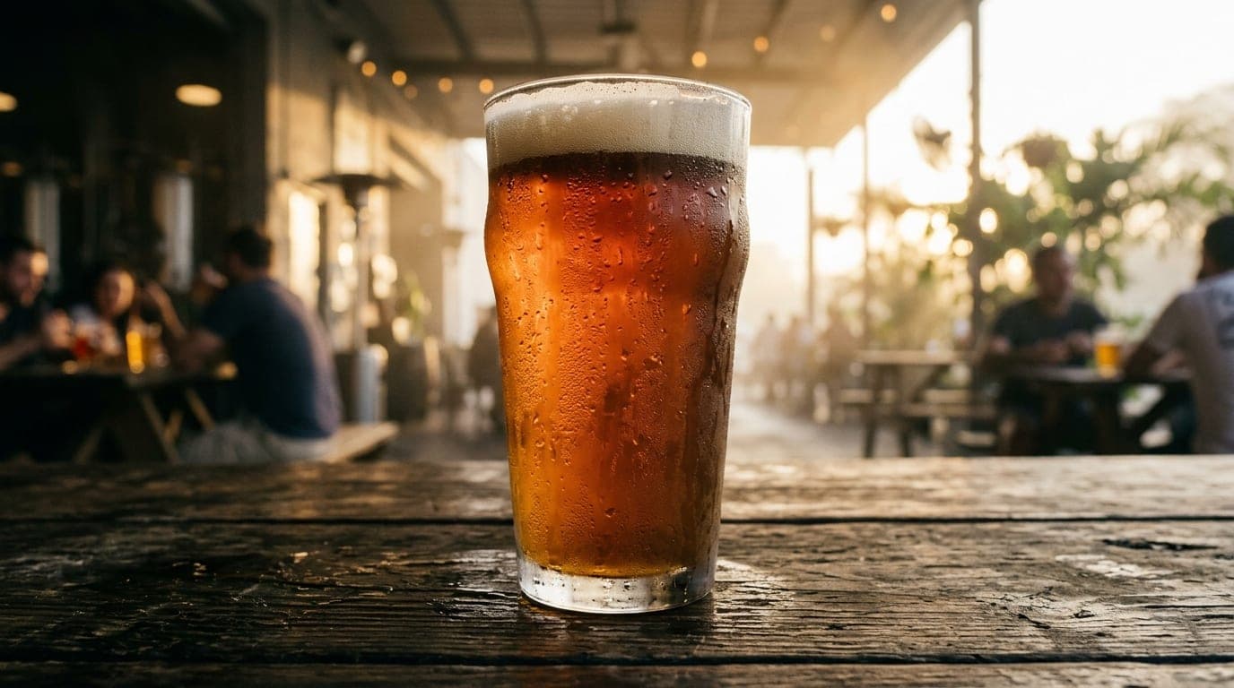 Extreme close-up macro, 24mm perspective. A frosted, condensation-streaked pint glass of craft beer sits on a weathered in...