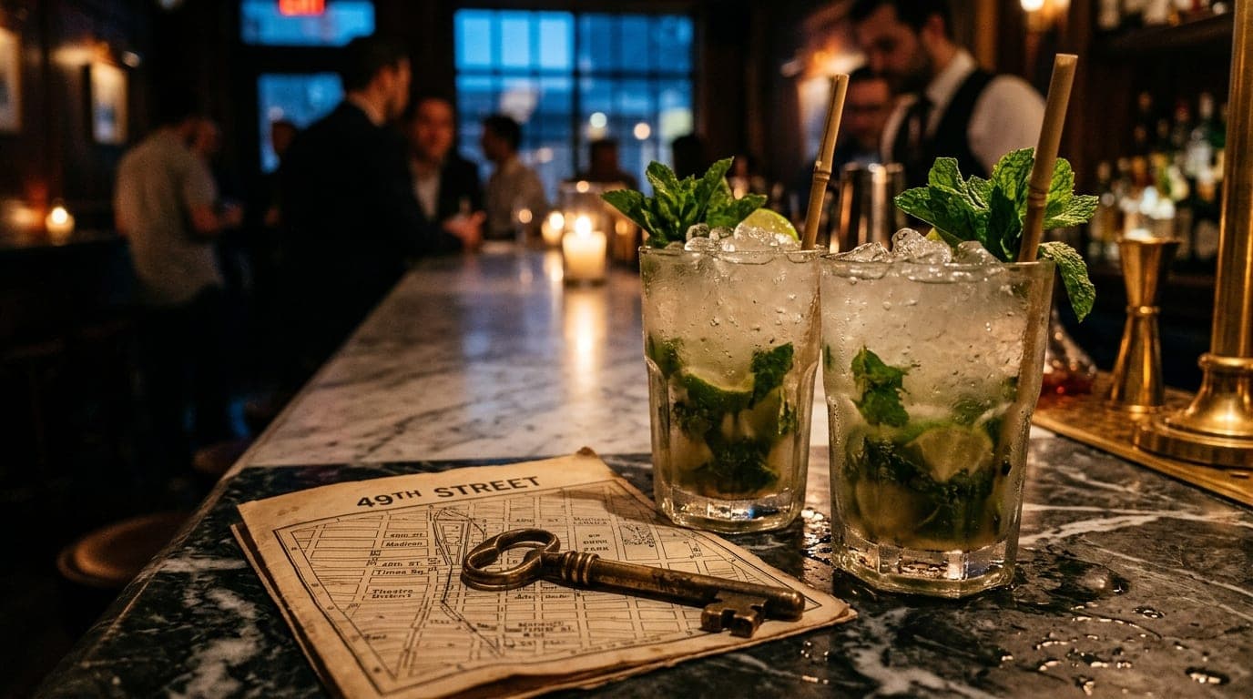 Macro shot over a polished marble bar, capturing two chilled mojitos sweating in the blue hour. A vintage paper map of 49t...