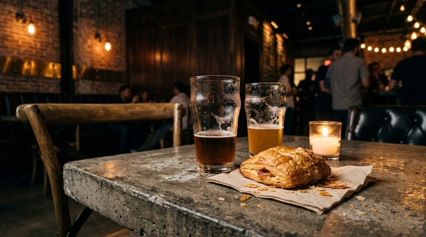 A low-angle shot inside a dimly lit Leah Arts District warehouse bar. Two half-empty craft beer glasses sit on a distresse...
