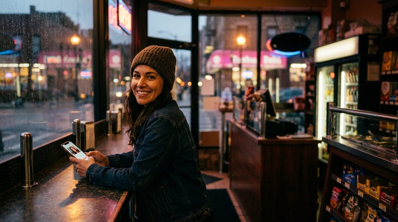 An 85mm portrait with shallow depth of field captures a woman at a local deli counter, smiling while holding a smartphone...