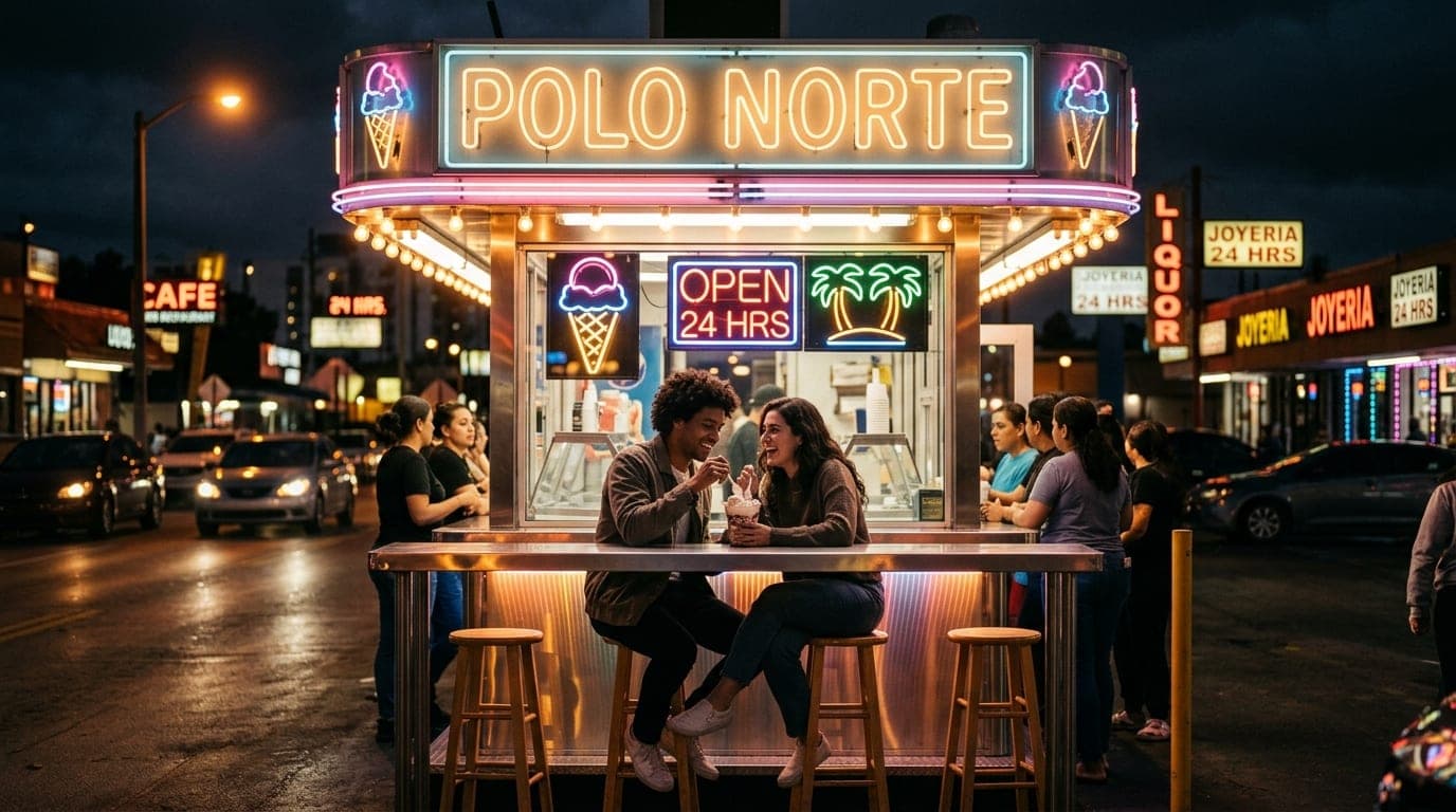 A 24mm wide-angle, symmetric shot of a couple sharing a late-night ice cream at a brightly lit Polo Norte booth. Golden ne...