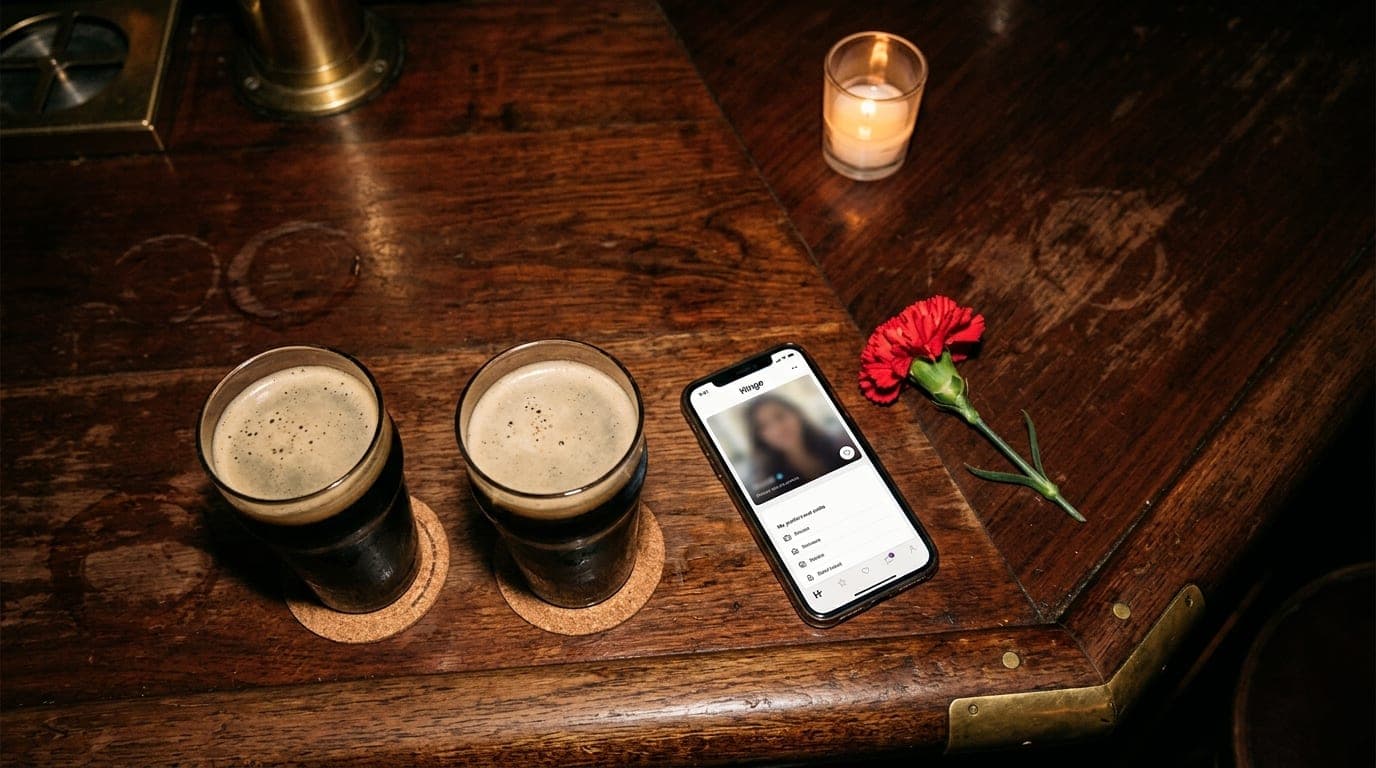 A dimly lit Hialeah craft brewery bar, overhead flat-lay. Two glasses of dark stout sit on wood grain. A single red carnat...