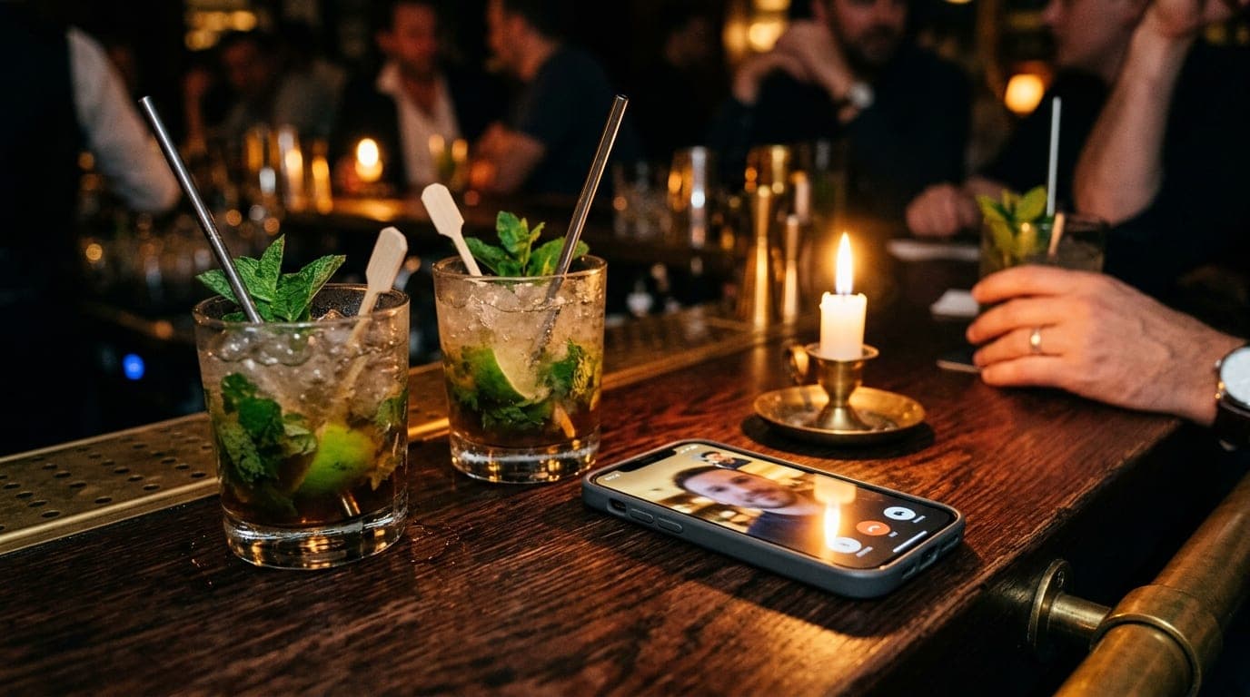 A 100mm macro shot captures a glowing smartphone screen displaying a verification video call interface, resting beside two...