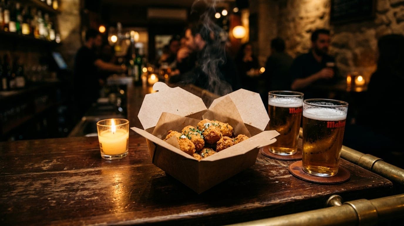 A tight medium shot of a steaming cardboard box of fresh croquetas resting on a dark wooden bar, next to two glasses of co...