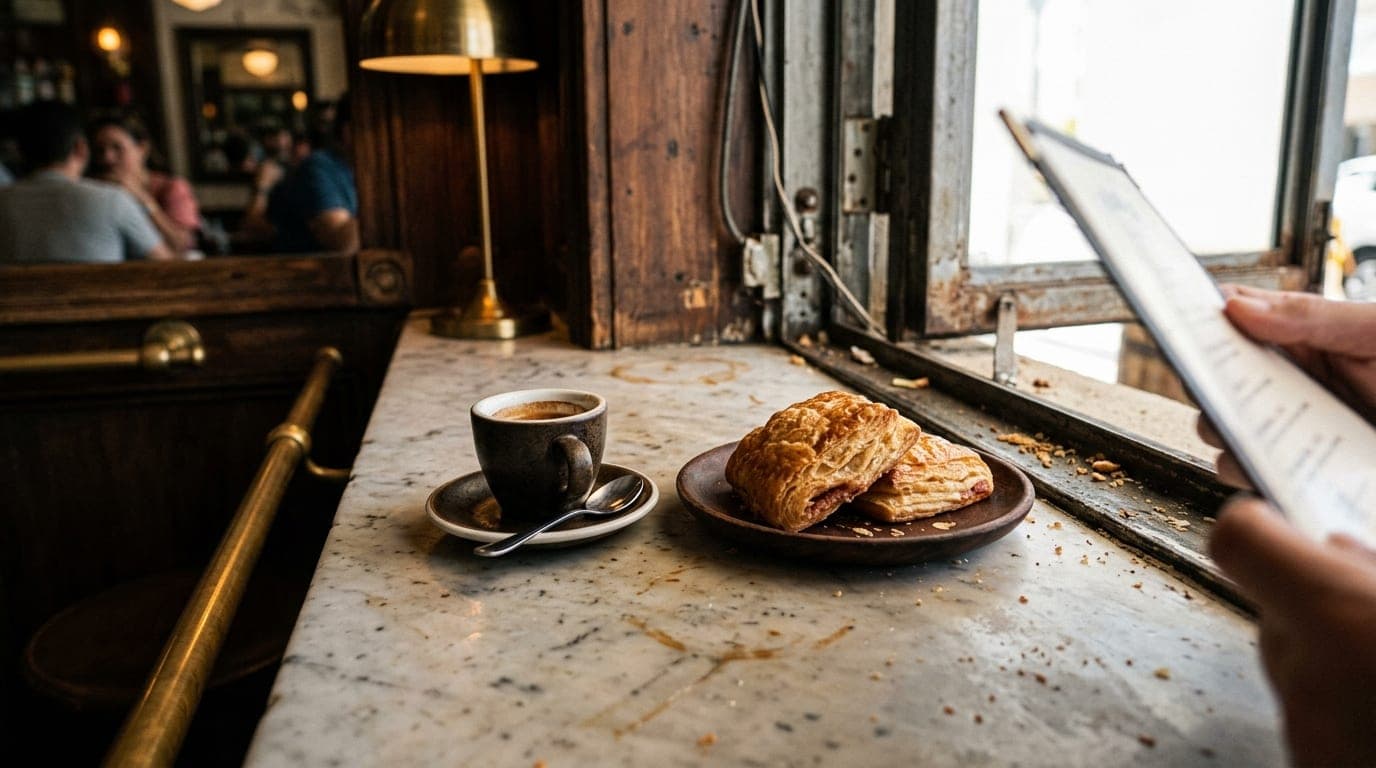 A close-up, tilt-shift shot of a single espresso cup and two flaky pastelitos on a marble ventanita ledge. Natural noon li...
