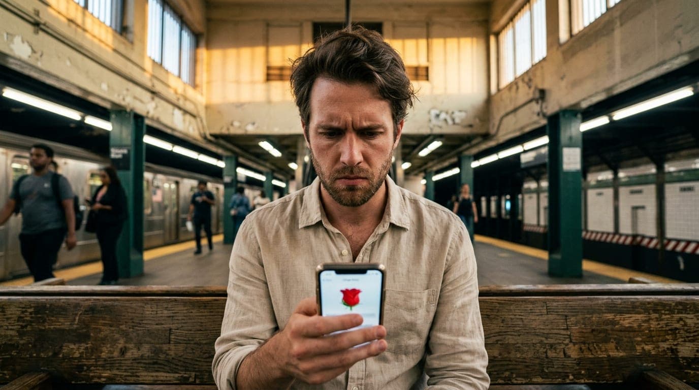 A 24mm wide-angle, centered shot at golden hour captures a man in a linen shirt sitting on a subway bench, frowning at his...