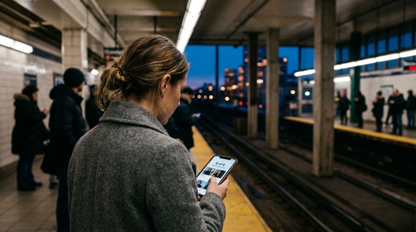 A woman in a grey wool coat stands on a subway platform at blue hour. Over-the-shoulder perspective captures her phone scr...