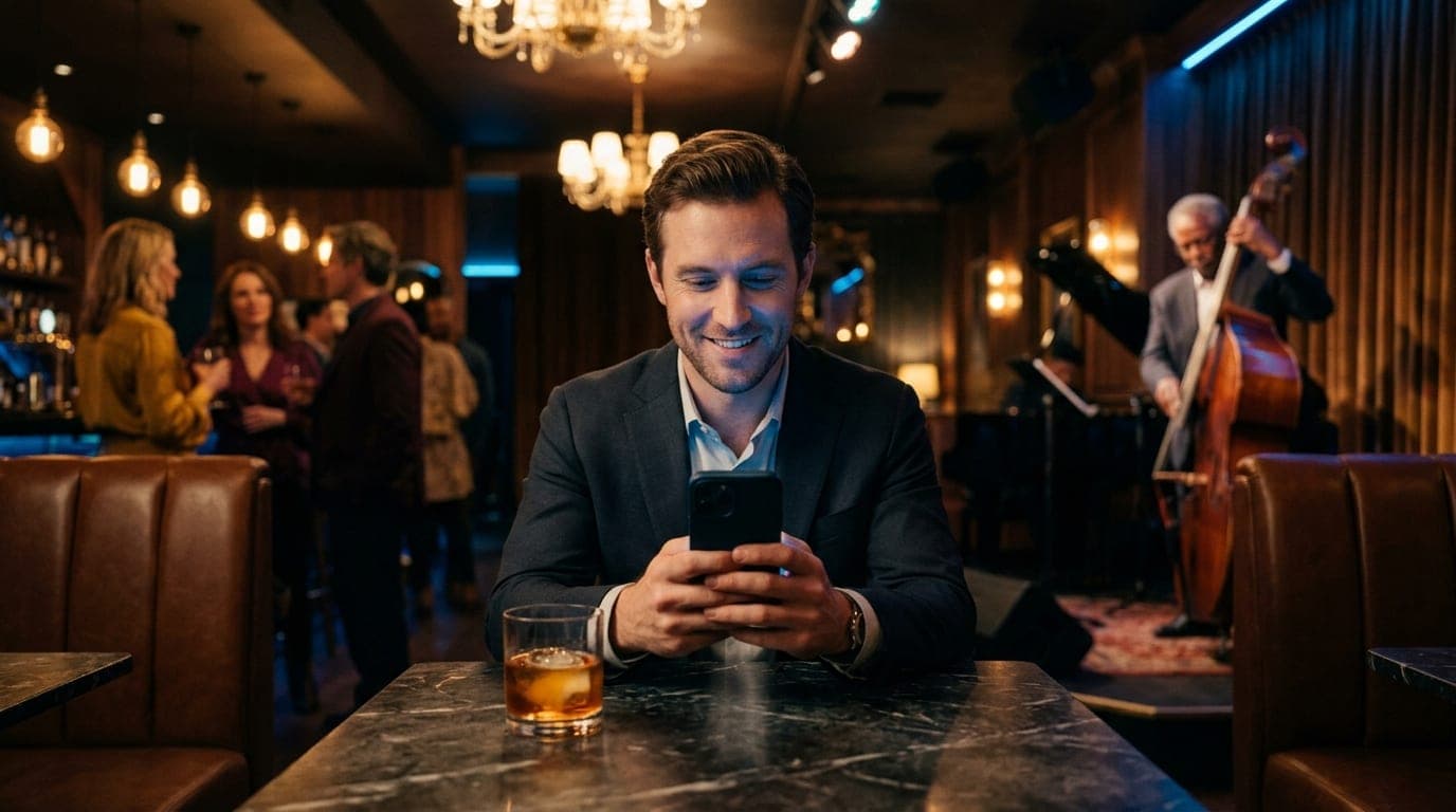 A man sits centered in a dimly lit, upscale jazz bar. He holds his phone, smiling at an unlit screen while a single glass...