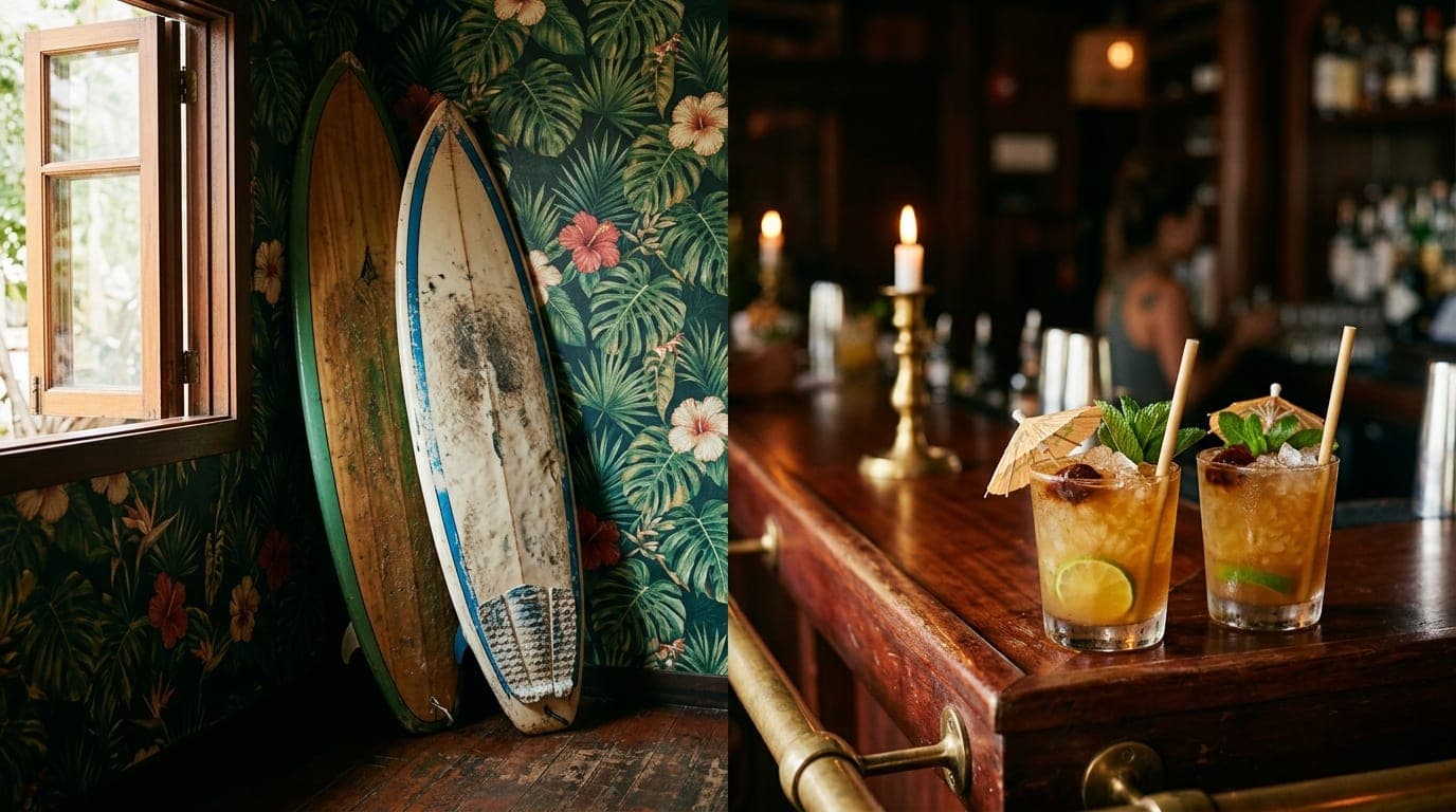 A pair of weathered surfboards leans against a lush, tropical-patterned wallpaper in a dim Waikiki bar. Two mai tais sit o...