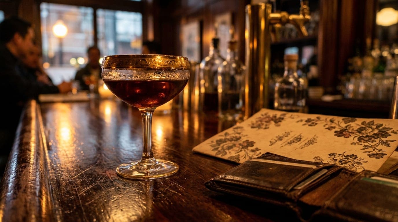 A gold-rimmed cocktail glass sits on a polished Chinatown bar counter, reflecting the amber glow of a streetlamp. Beside i...