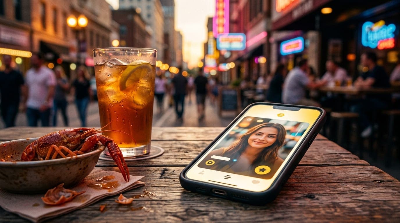 A golden hour, extreme close-up of a smartphone screen showing a Bumble profile, resting on a wooden table beside a half-p...