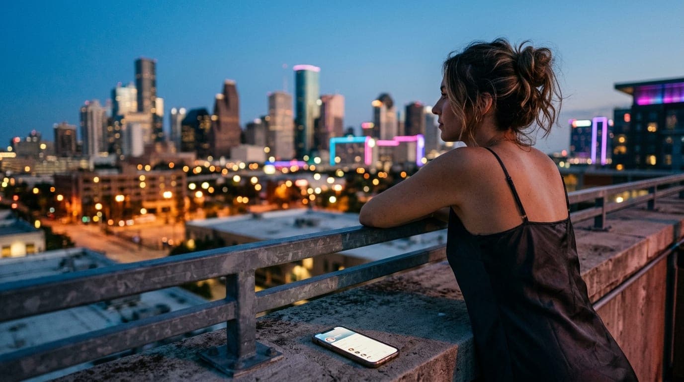 A woman in a silk slip dress leans against the Post Houston rooftop railing, looking out at the city skyline. A smartphone...
