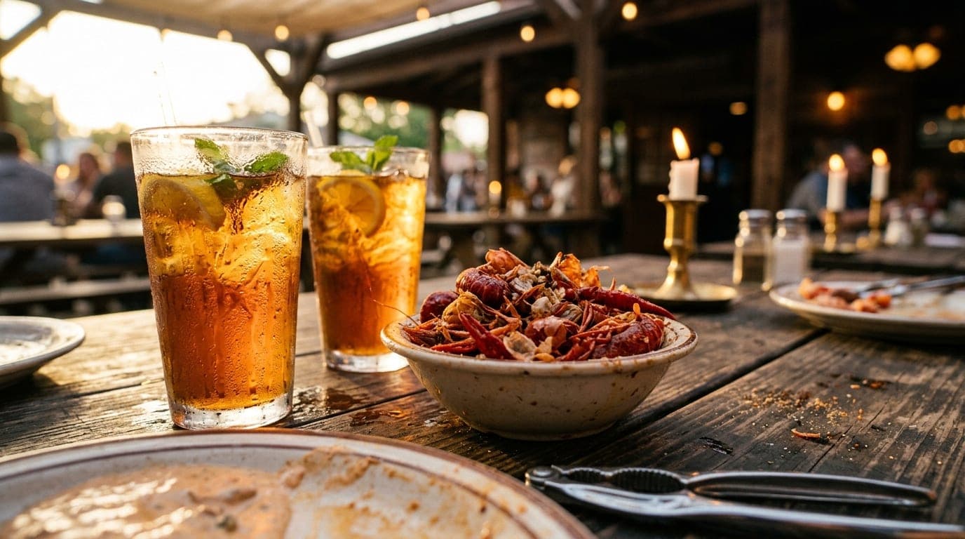 Macro shot of two sweating glasses of iced tea on a sun-drenched Heights patio table, selective focus on a bowl of spilled...