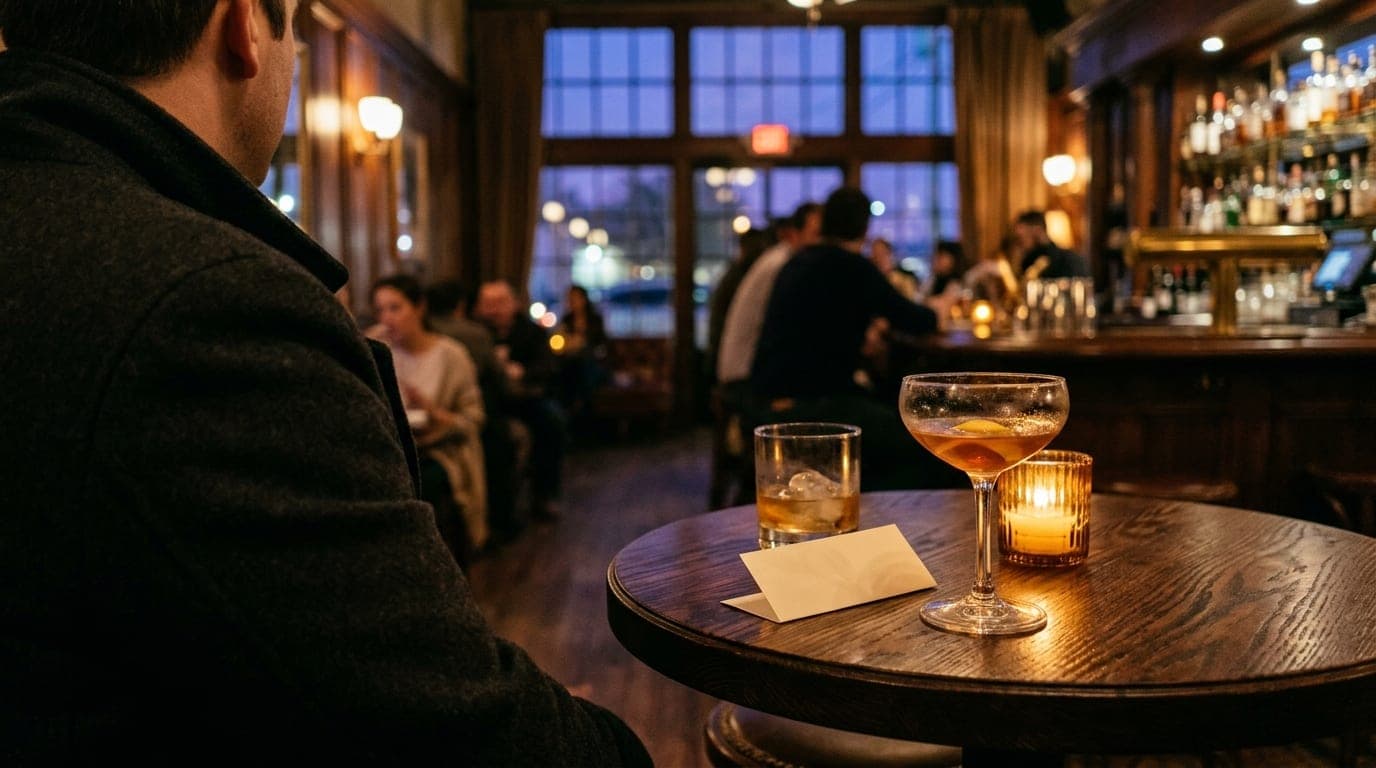 Over-the-shoulder perspective at a dim, circular bar table in an EaDo restaurant. Two half-empty cocktail glasses sit besi...
