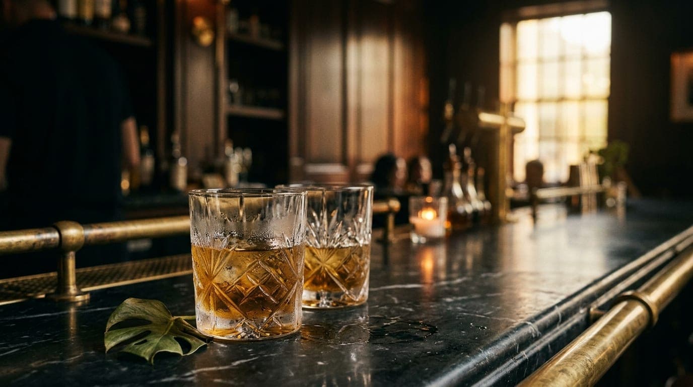 Two crystal tumblers sit on a cool, polished marble bar top inside a dim Houston lounge. Condensation beads on glasses; so...