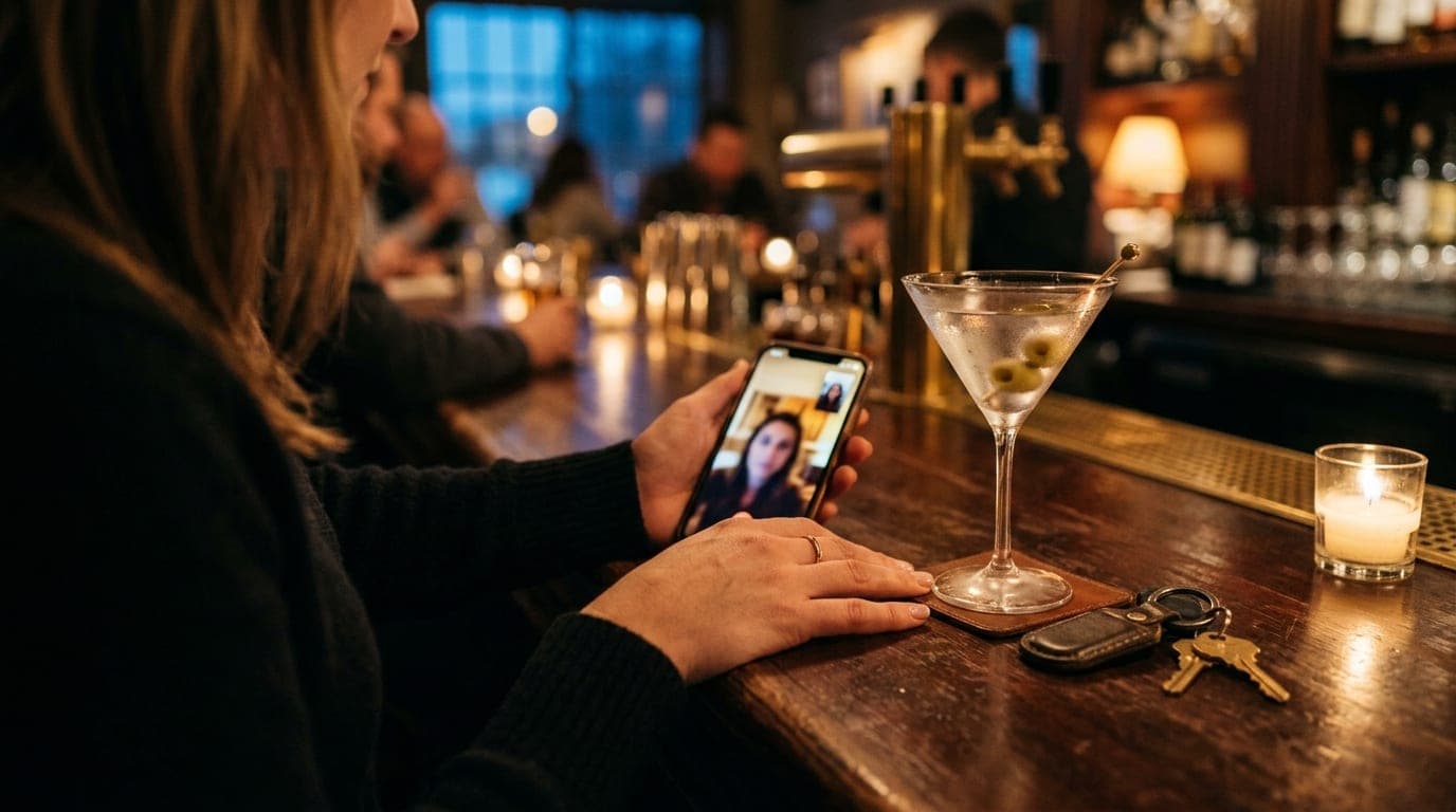 An over-the-shoulder macro shot at a dimly lit mahogany bar. A woman’s hand rests near a smartphone displaying a live Face...