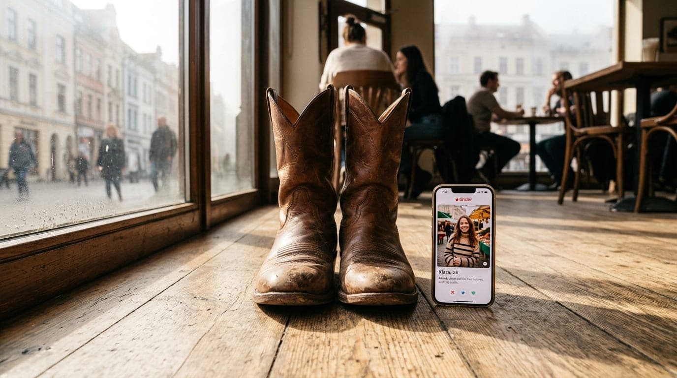 A pair of well-worn brown leather cowboy boots rests neatly on a sun-drenched cafe floor next to a smartphone displaying a...