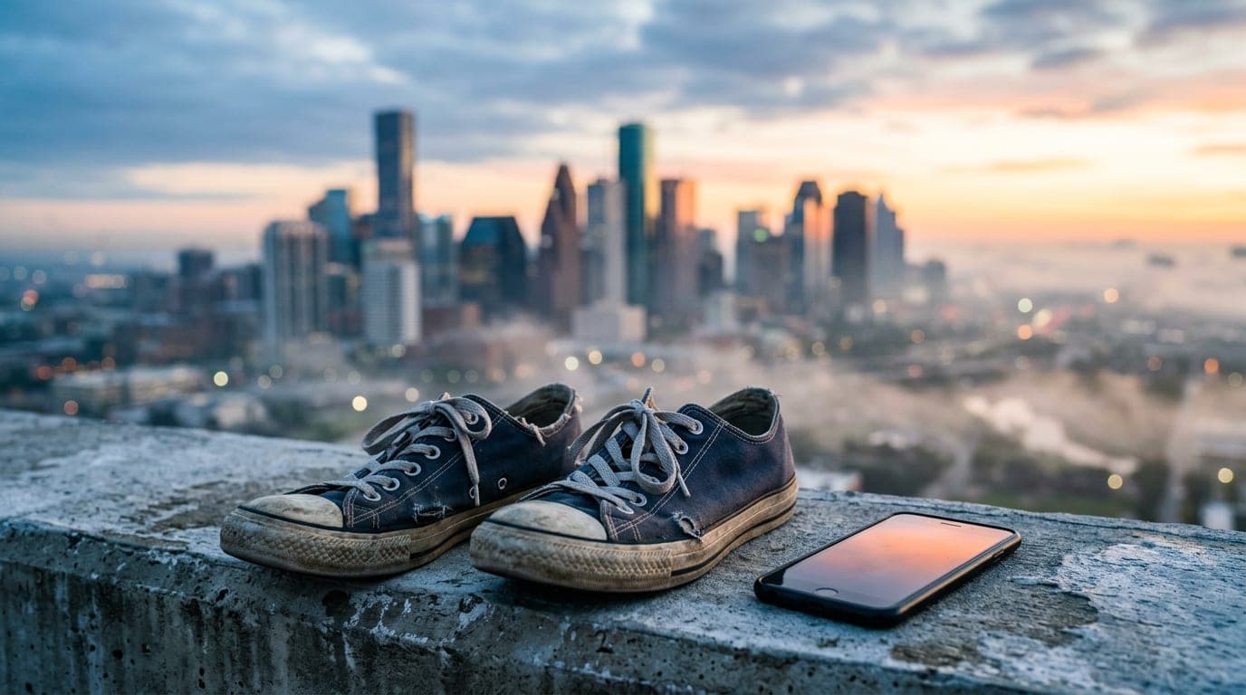 A pair of worn canvas sneakers rests on the concrete ledge of the POST Houston rooftop park at golden hour, overlooking th...