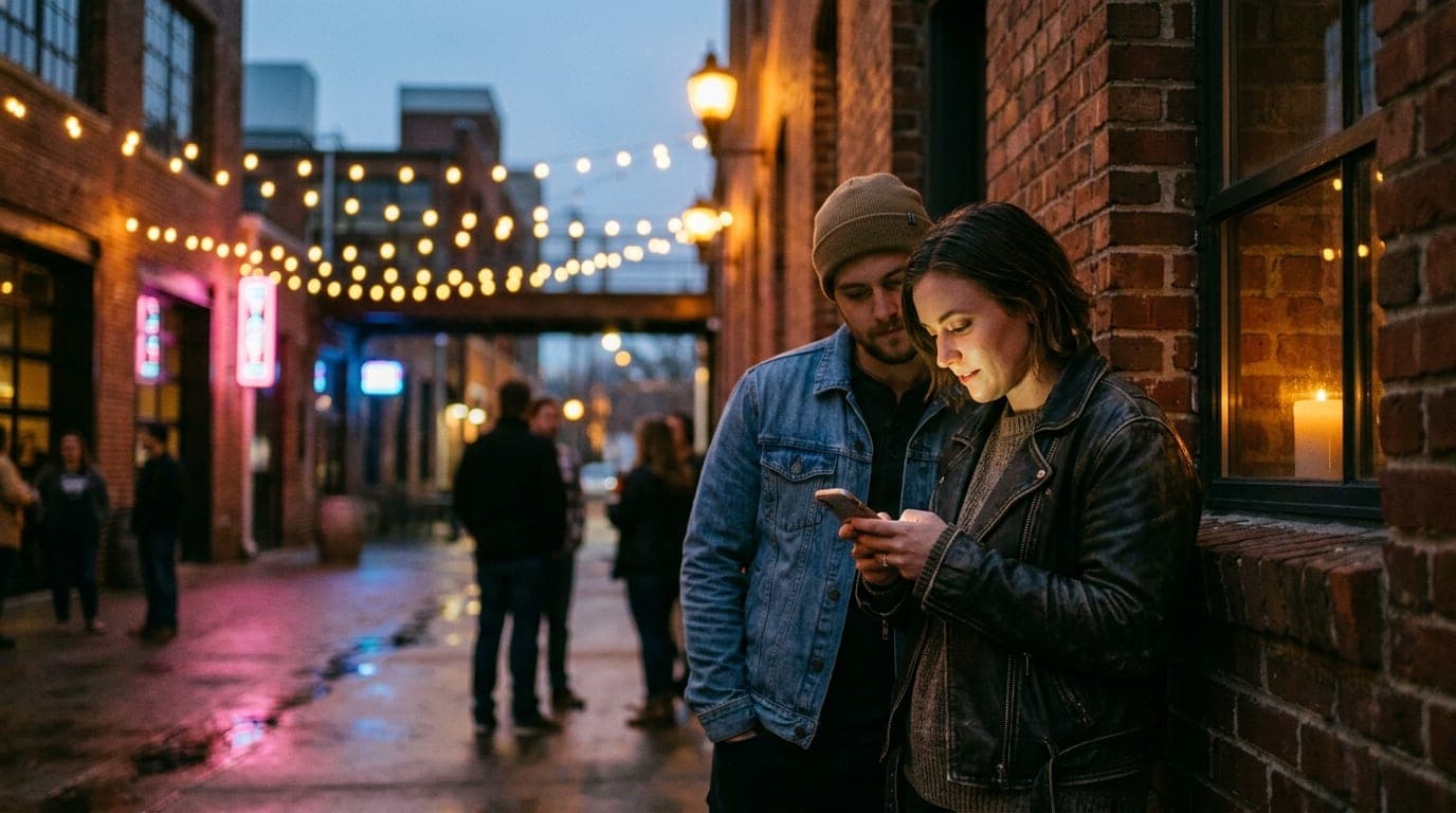 A couple stands in the shadows of a brick courtyard at Campus No. 805. The woman in a leather jacket checks a smartphone s...