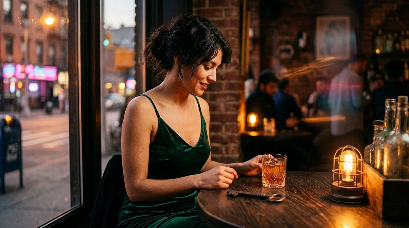 A woman in a velvet slip dress sits at a dimly lit corner table inside a speakeasy. An antique iron key rests on the dark...