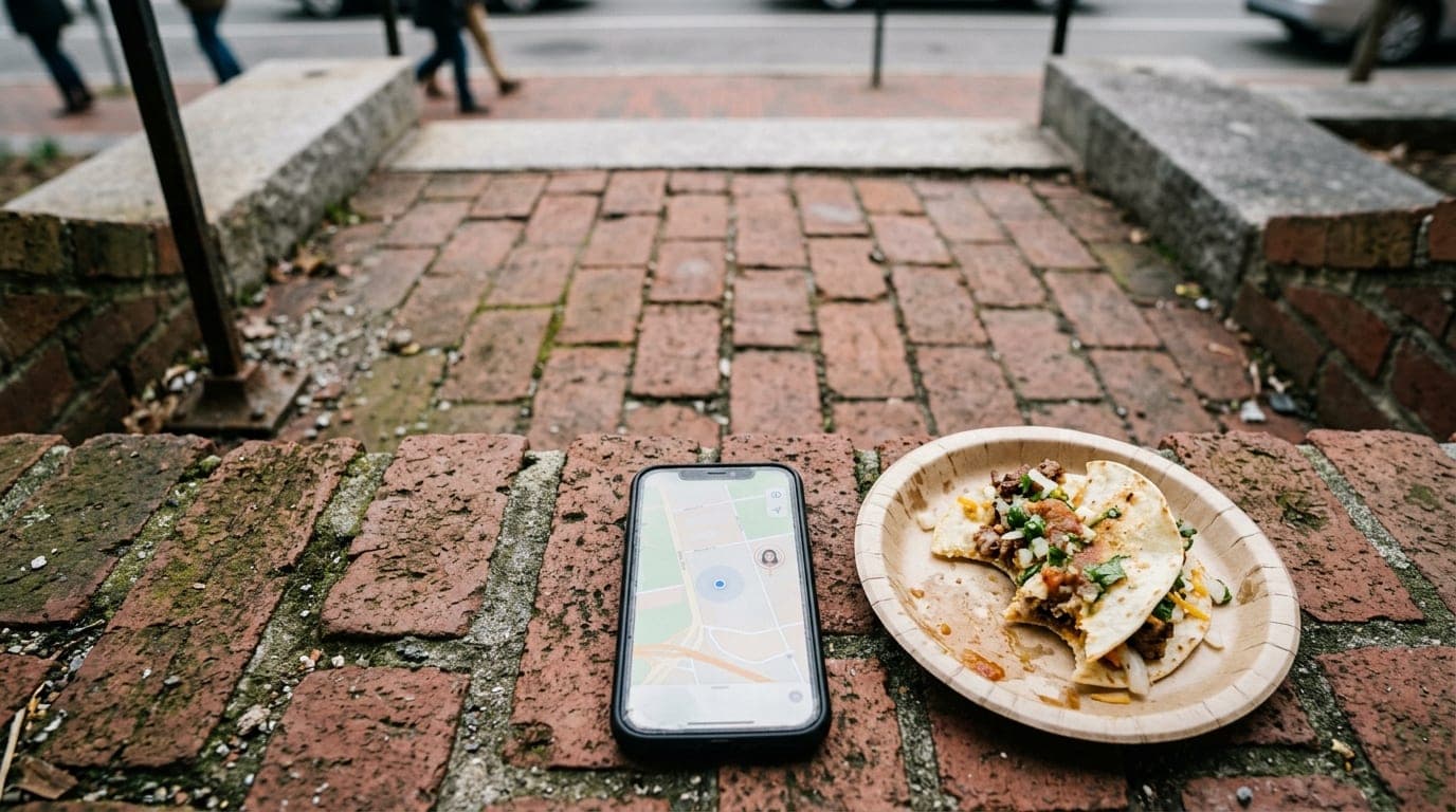 An overhead flat-lay on a weathered Mass Ave brick stoop. A single smartphone displaying a location-sharing map sits besid...