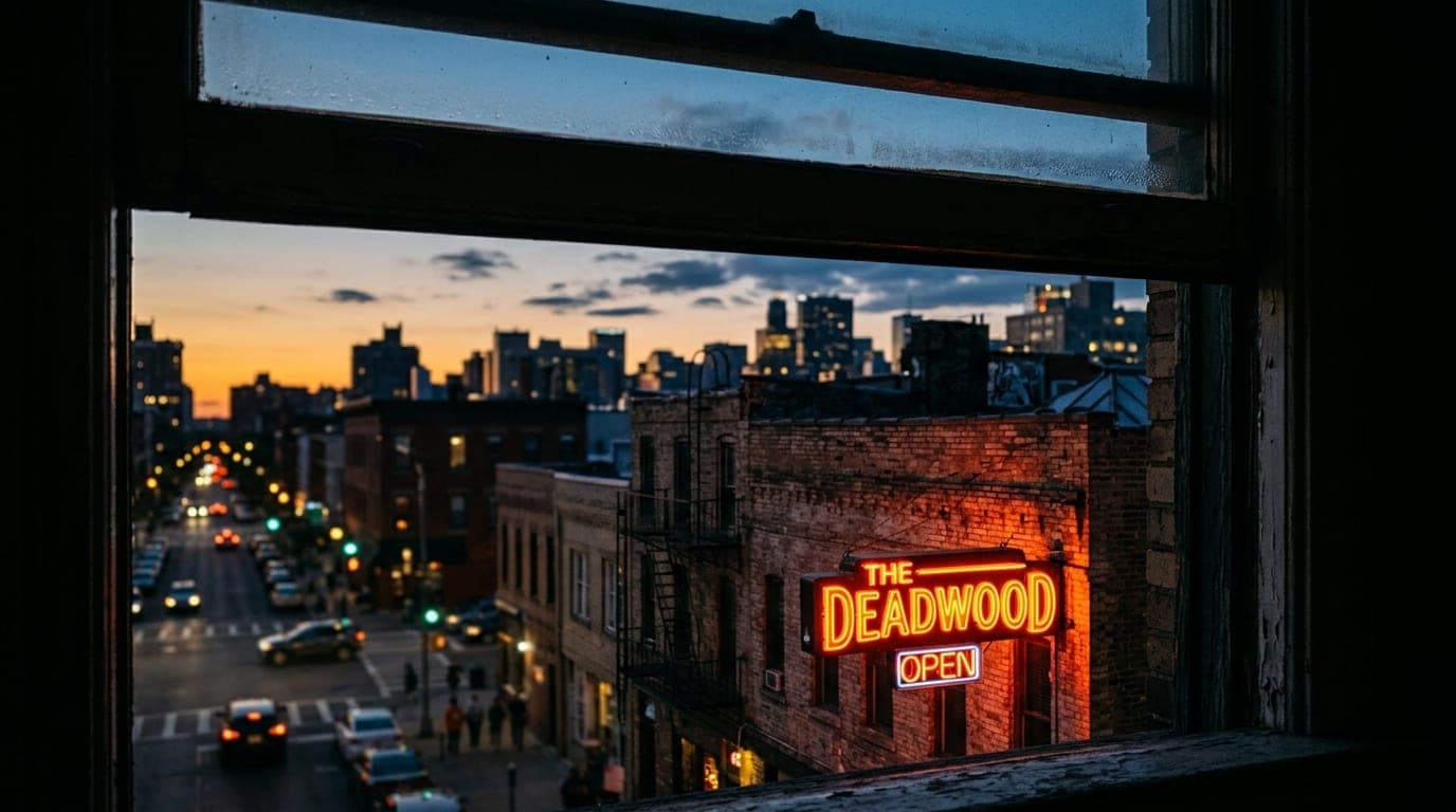 The iconic neon signage of The Deadwood glows against a brick facade at dusk, captured in sharp focus within the lower thi...