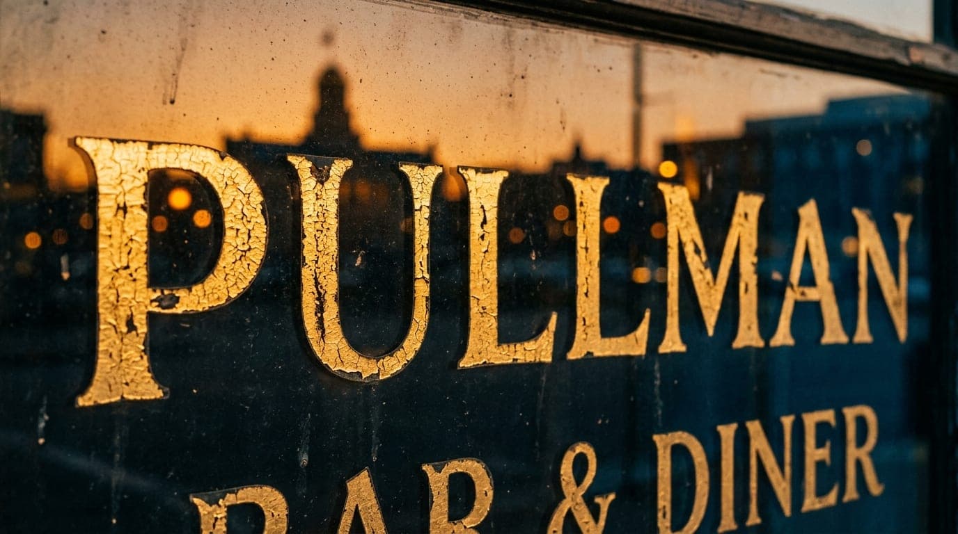 An extreme 100mm macro shot captures the intricate, weathered gold-leaf lettering on the Pullman Bar & Diner window at gol...
